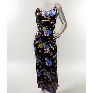 RARE VTG Y2K Betsey Johnson NY Black Floral Velvet Lace Bodycon Slip Dress Y2k P